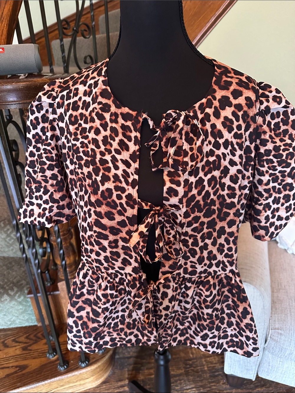 Cato Leopard Print Tie-Front Peplum Top - Brown/Black